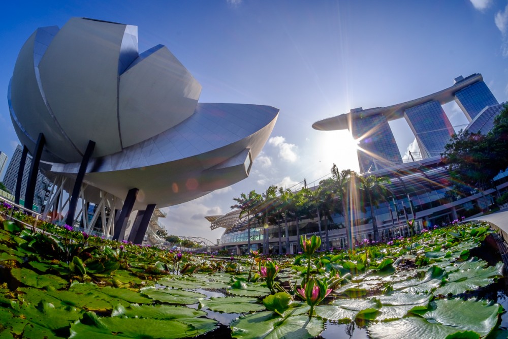 ArtScience Museum and Marina Bay Sands in Singapore with the fisheye